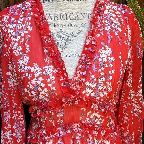 RED FLORAL RUFFLED LONG SLEEVED DRESS Size S M  BNWT - Picture 2 of 9